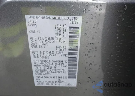 2015 Nissan Pathfinder Platinum z USA, uszkodzony, nr VIN 5N1AR2MMXFC659435